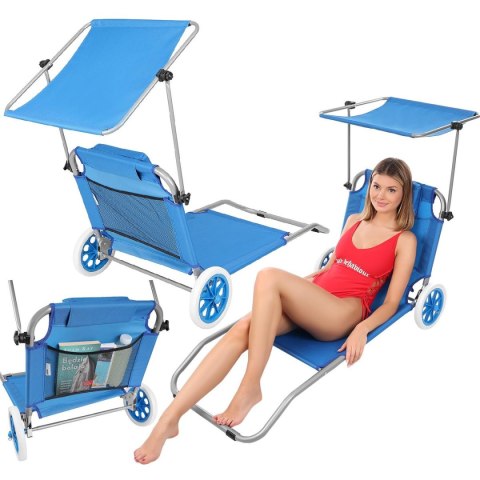 LEŻAK SKŁADANY PLAŻOWY Z DASZKIEM NA KÓŁKACH 116x62x60-90CM NIEBIESKI LEŻAK SKŁADANY PLAŻOWY Z DASZKIEM NA KÓŁKACH 116x62x60-90CM NIEBIESKI