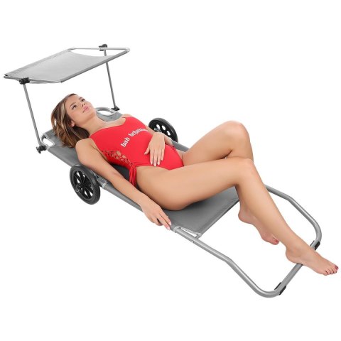 LEŻAK SKŁADANY PLAŻOWY Z DASZKIEM NA KÓŁKACH 116x62x62-90CM SZARY LEŻAK SKŁADANY PLAŻOWY Z DASZKIEM NA KÓŁKACH 116x62x62-90CM SZARY
