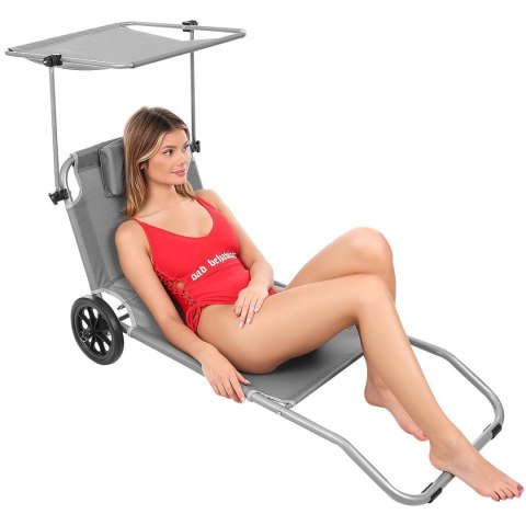 LEŻAK SKŁADANY PLAŻOWY Z DASZKIEM NA KÓŁKACH 116x62x62-90CM SZARY LEŻAK SKŁADANY PLAŻOWY Z DASZKIEM NA KÓŁKACH 116x62x62-90CM SZARY