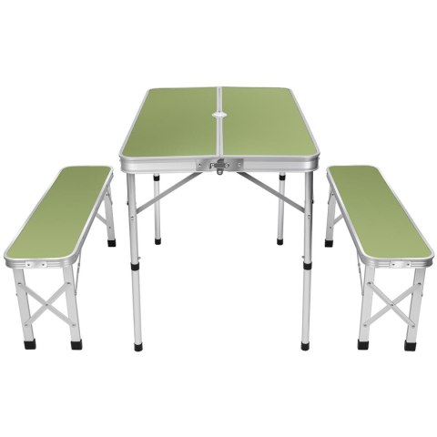STOLIK TURYSTYCZNY SKŁADANY KEMPINGOWY 90x60x70CM I 2 ŁAWKI 87x23x39CM ZIELONY STOLIK TURYSTYCZNY SKŁADANY KEMPINGOWY 90x60x70CM I 2 ŁAWKI 87x23x39CM ZIELONY